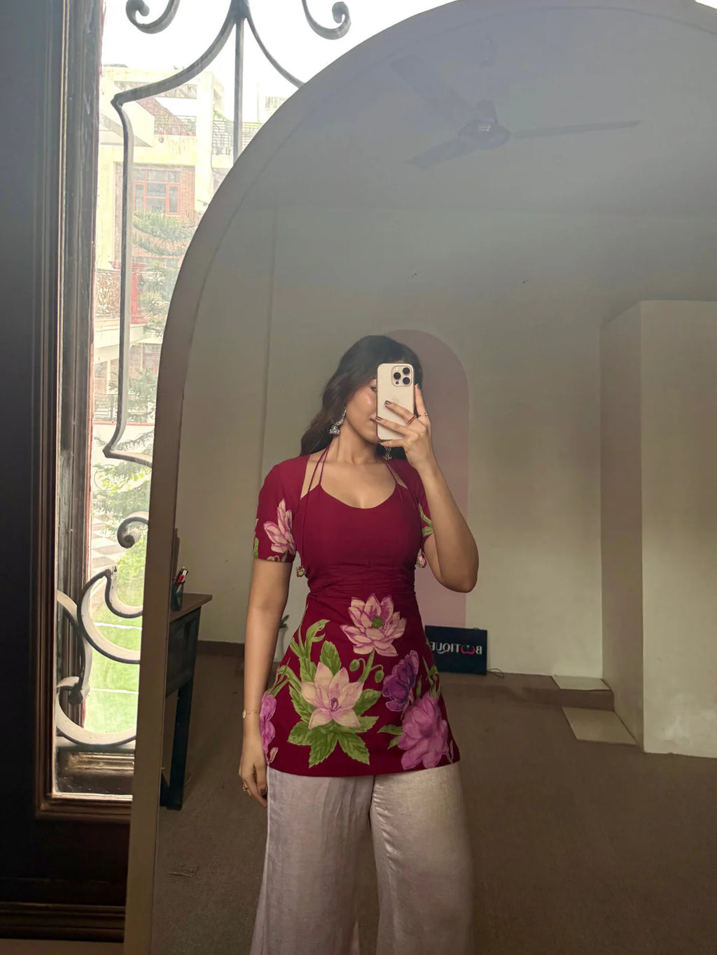 Laila Kurti – Deep Maroon Floral Pure Cotton Kurti with Soft Double Lining