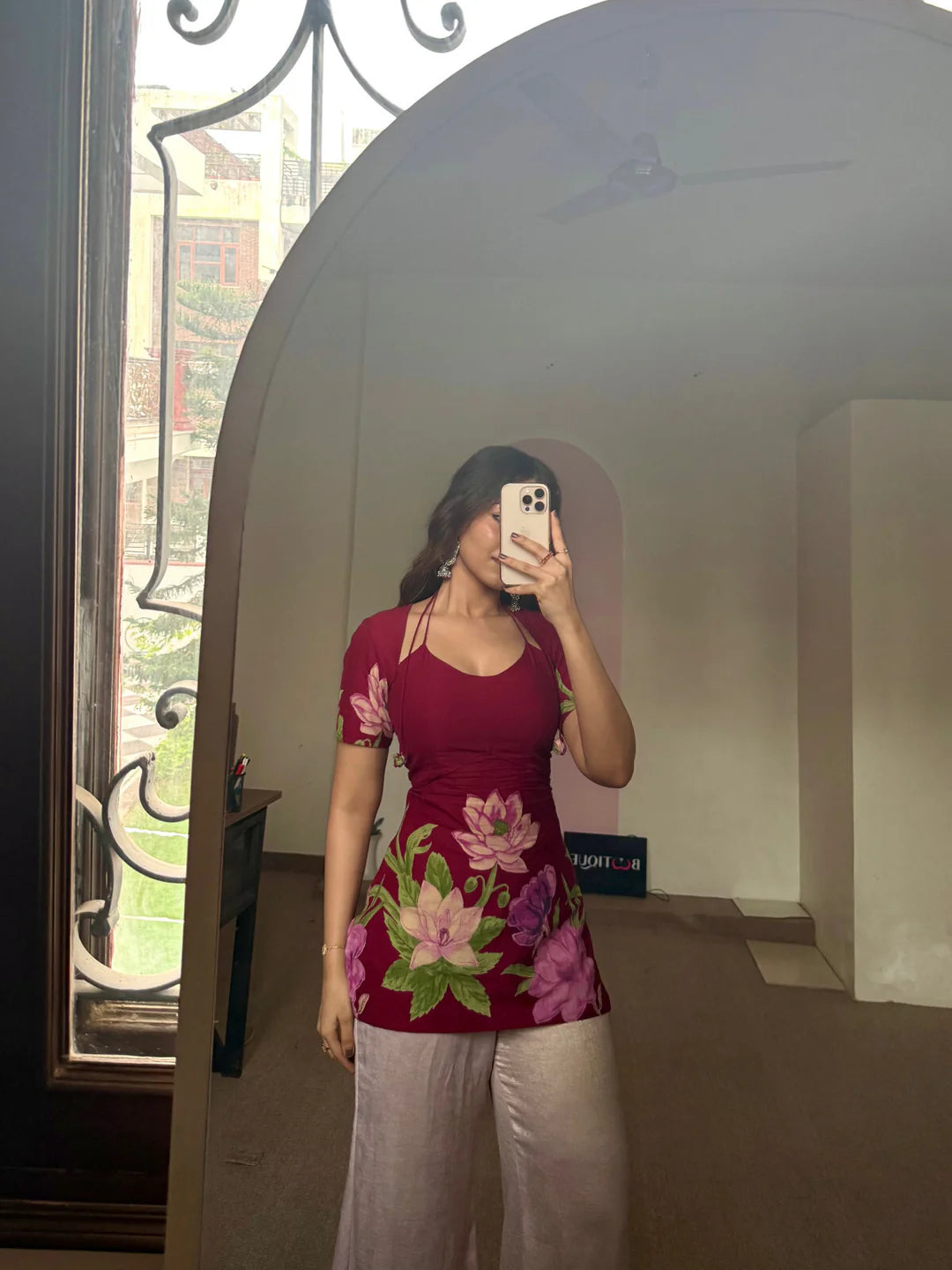 Laila Kurti – Deep Maroon Floral Pure Cotton Kurti with Soft Double Lining