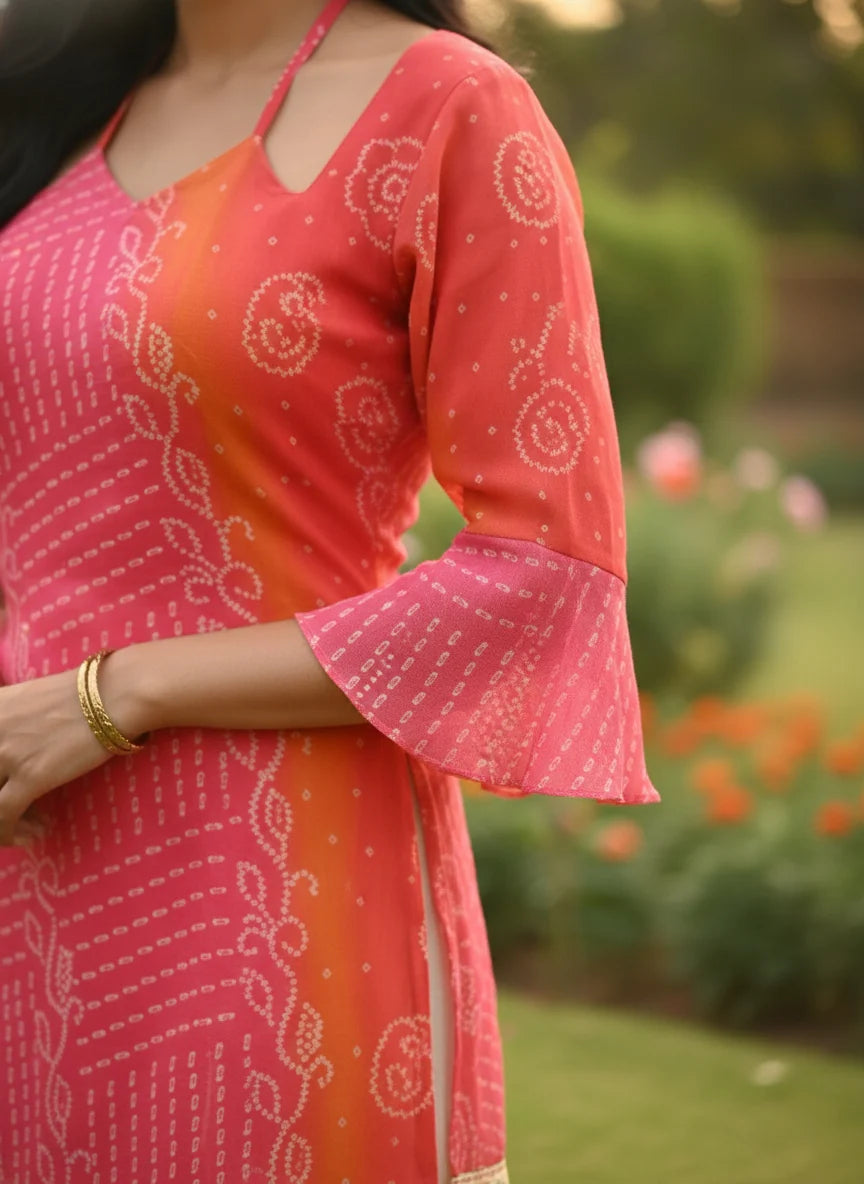 Rani Pink & Kesari Bandhej Faux Georgette Kurti with Pure Cotton Inner