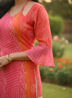 Rani Pink & Kesari Bandhej Faux Georgette Kurti with Pure Cotton Inner