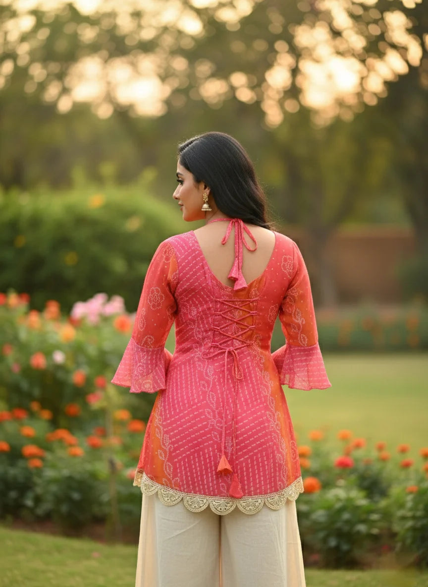 Rani Pink & Kesari Bandhej Faux Georgette Kurti with Pure Cotton Inner