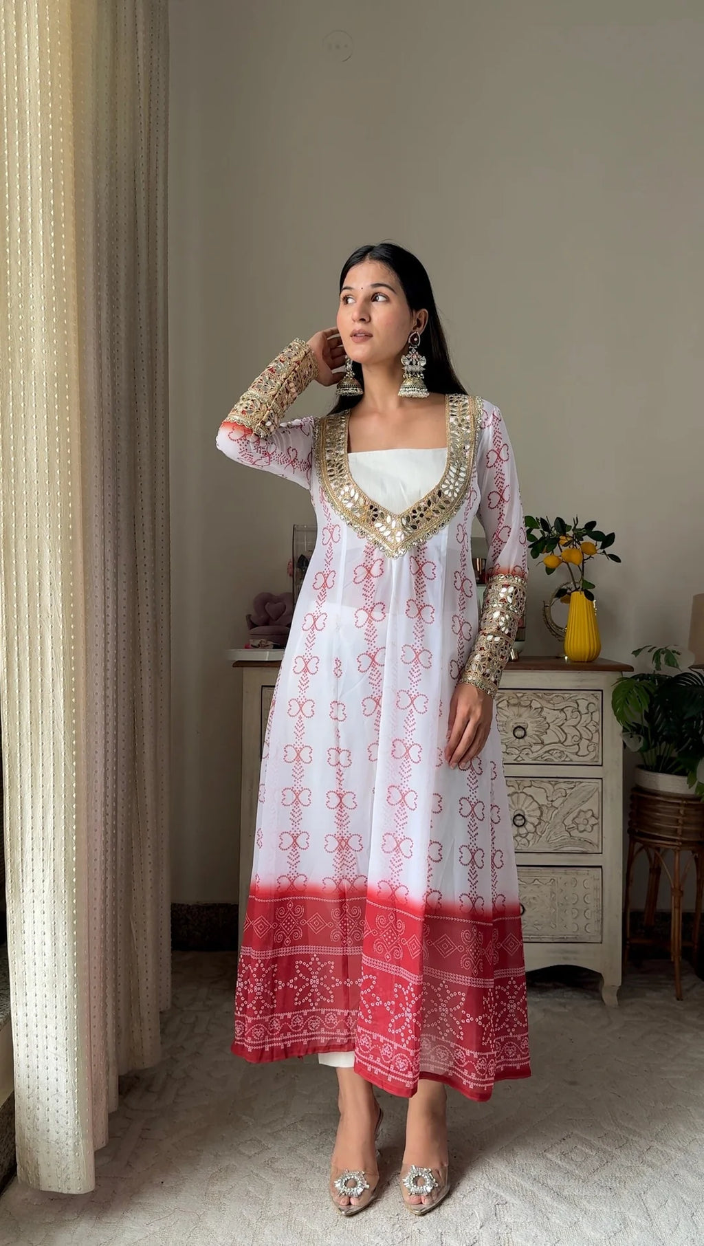 White & Red Faux Georgette Kurti Set with Mirror Work | 3-Piece Festive Wear