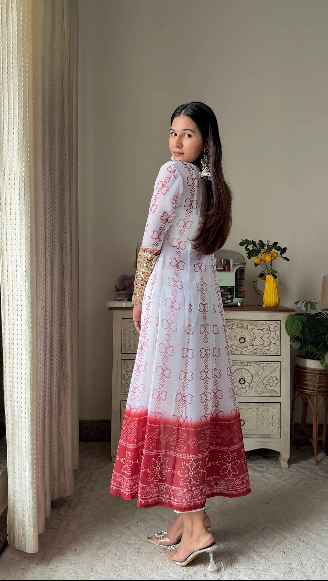 White & Red Faux Georgette Kurti Set with Mirror Work | 3-Piece Festive Wear