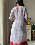 White & Red Faux Georgette Kurti Set with Mirror Work | 3-Piece Festive Wear