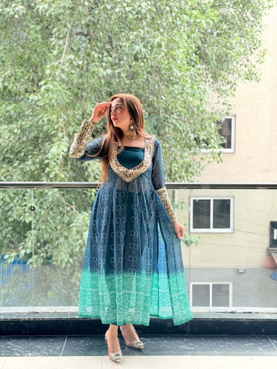 Ocean Bloom Georgette Kurti Set with Mirror Work | 3-Piece Festive Wear