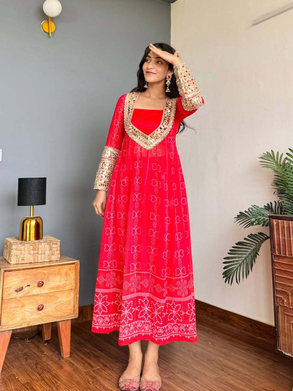 Red Radiance Georgette Kurti Set with Mirror Work | 3-Piece Festive Wear