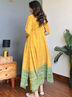 Mustard Yellow & Green Faux Georgette Kurti Set with Mirror Work | 3-Piece Festive Wear