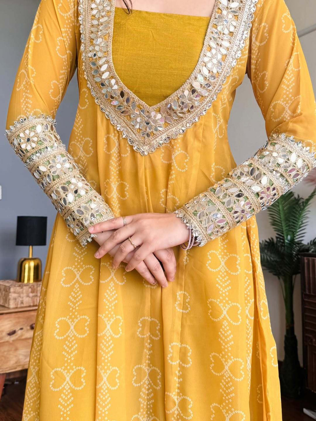 Mustard Yellow & Green Faux Georgette Kurti Set with Mirror Work | 3-Piece Festive Wear