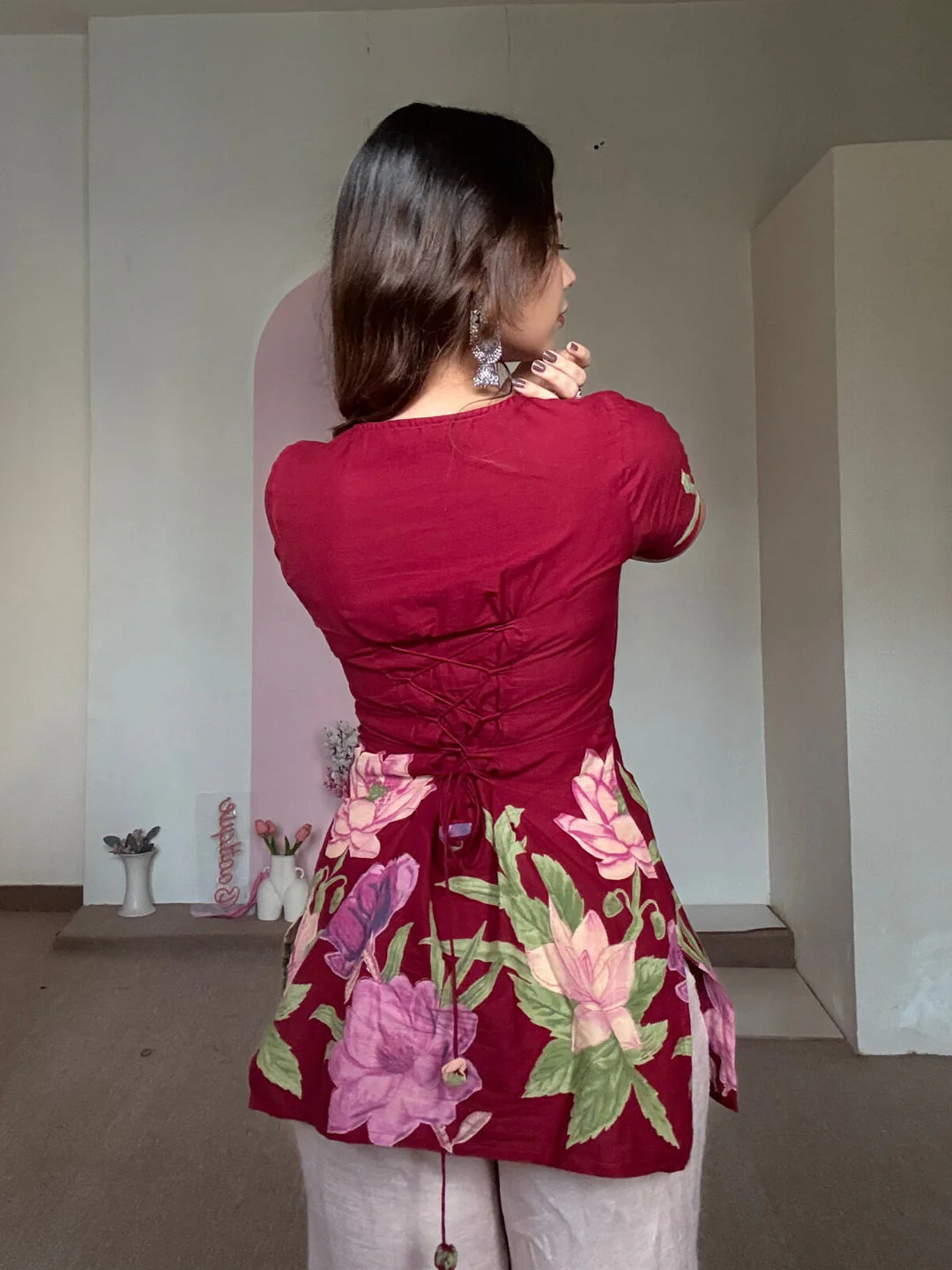 Laila Kurti – Deep Maroon Floral Pure Cotton Kurti with Soft Double Lining